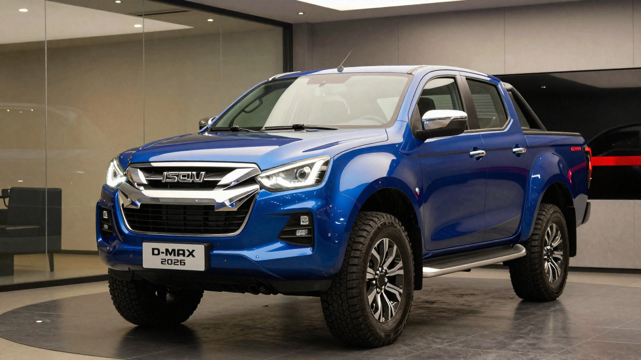 Blauer Isuzu D-Max 2026 Pickup-Truck in Ausstellungsraum mit Chromakzenten und großen Reifen