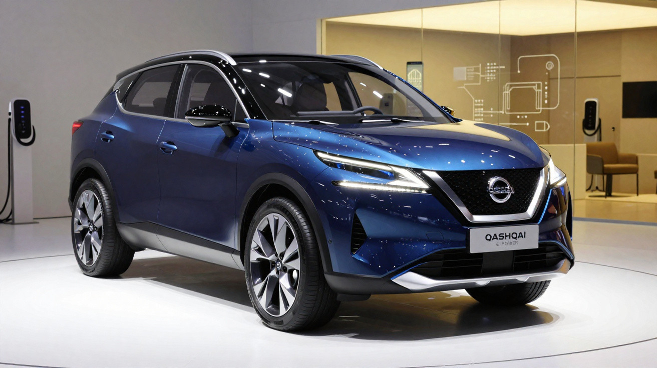 Blauer Nissan Qashqai Elektro-SUV auf Präsentationsbühne mit Ladestation im Hintergrund.