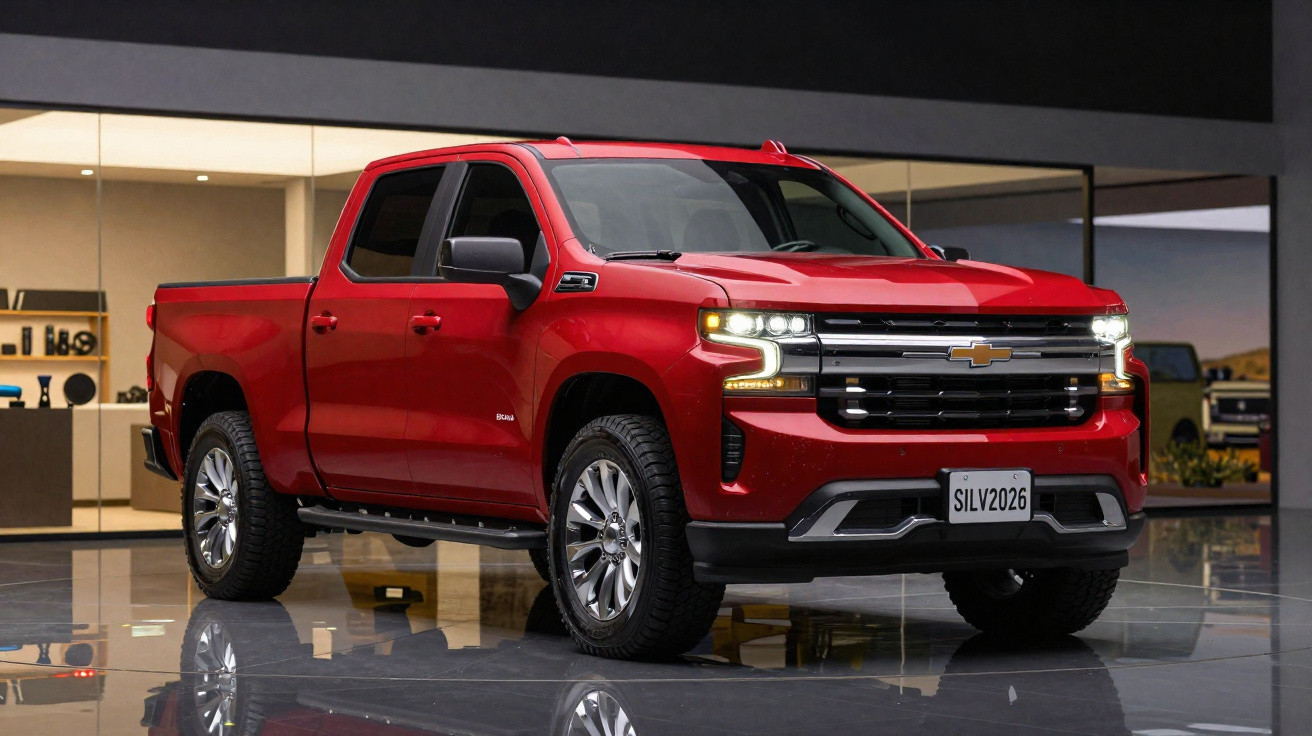Roter Chevrolet Silverado 2026 Pickup truck, moderne Scheinwerfer, stehende Frontansicht in Innenraum mit Spiegelung.