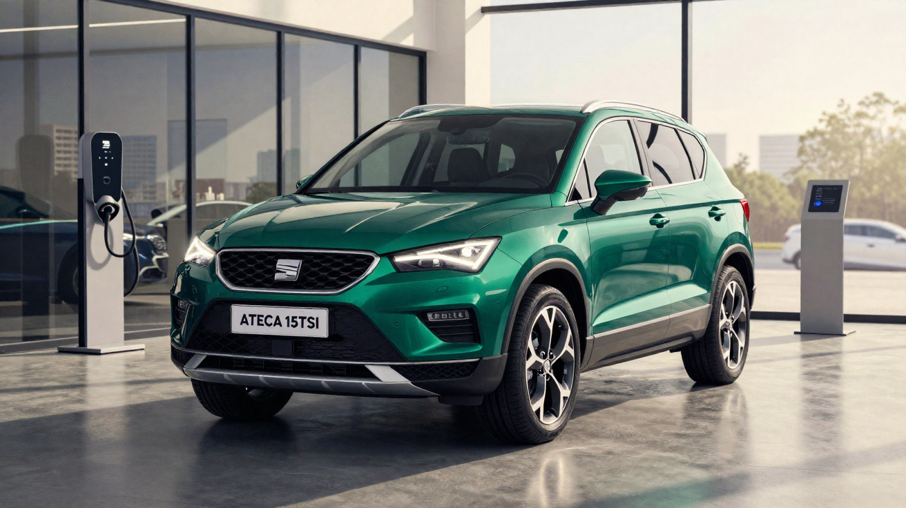 Grüner Seat Ateca 15TSI SUV steht in moderner Halle neben Ladestation für Elektroautos.