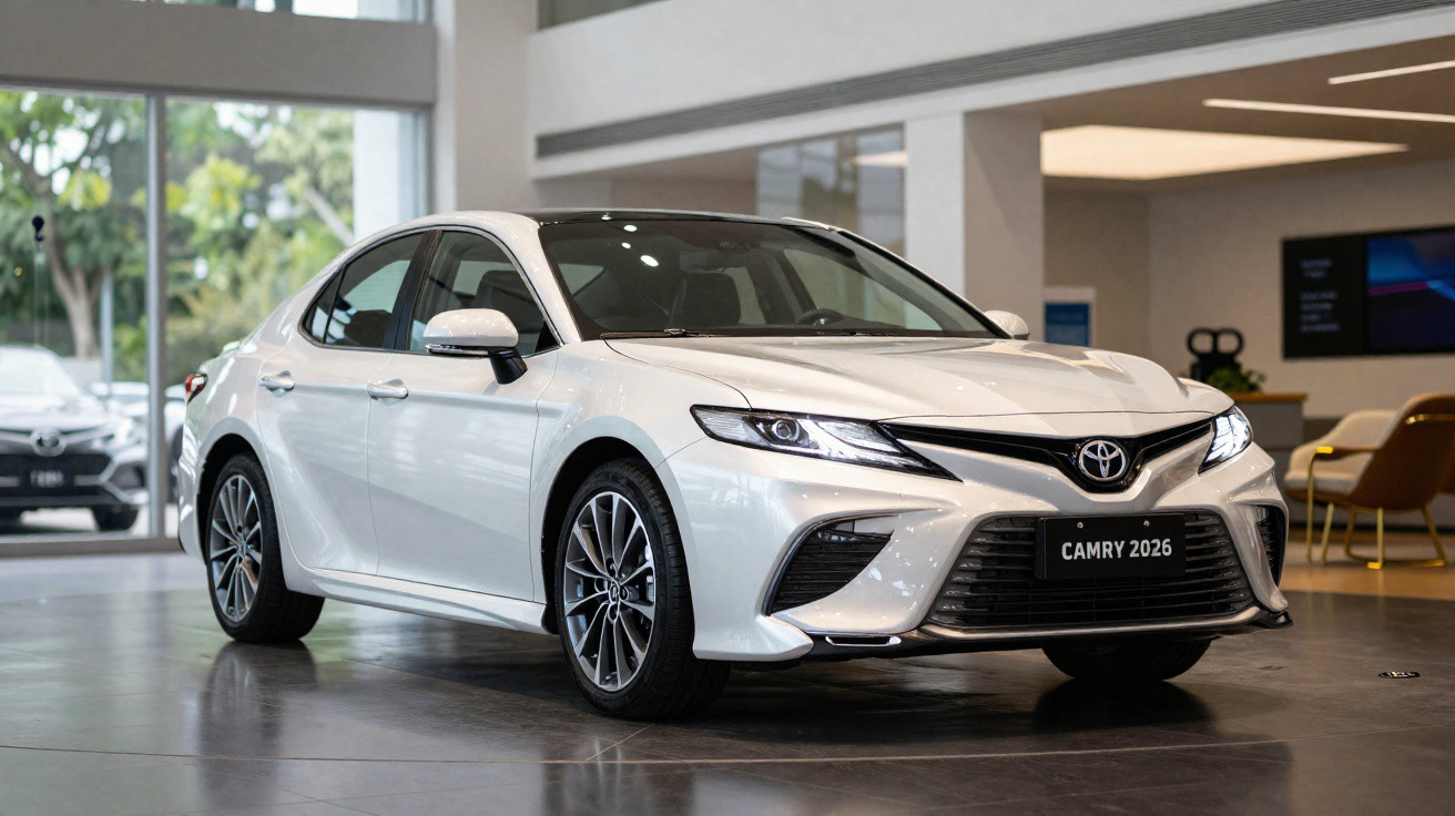Weißer Toyota Camry 2026 in einem hellen modernen Autohaus stehend.