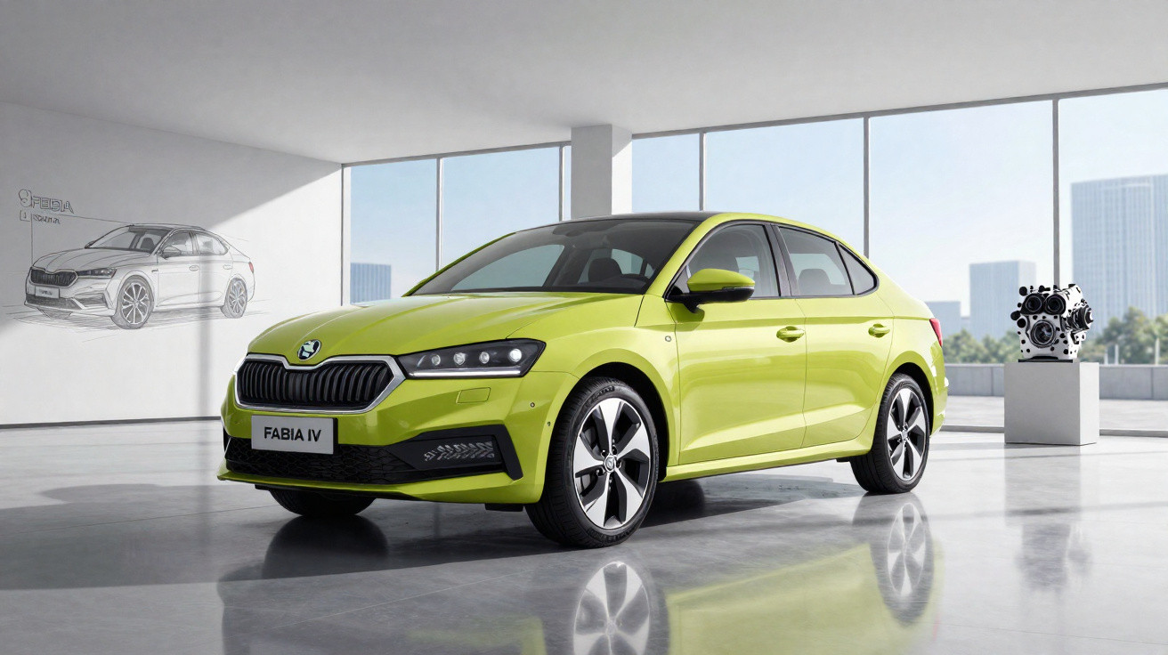 Hellgrüner Skoda Fabia IV steht in modernem Showroom mit großer Fensterfront und Motor auf Podest.