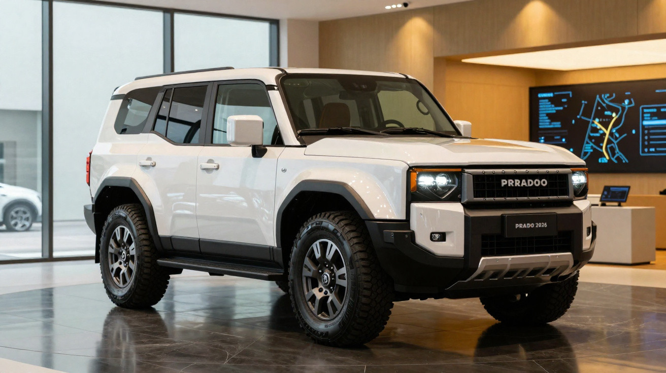 Weißer Geländewagen PRRADOO Prado 2025 mit LED-Scheinwerfern in modernem Showroom.