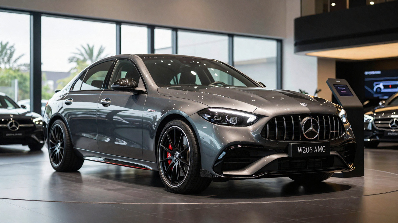 Grauer Mercedes-Benz W206 AMG steht in einem modernen Autohaus mit großen Fenstern im Hintergrund.