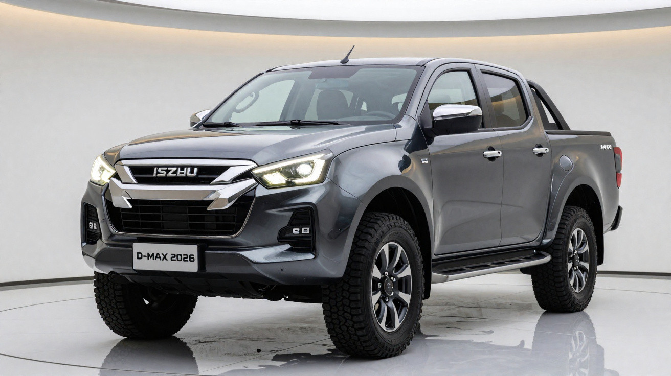 Grauer Isuzu D-Max 2026 Pickup-Truck mit doppelter Kabine in einem hellen Studio.