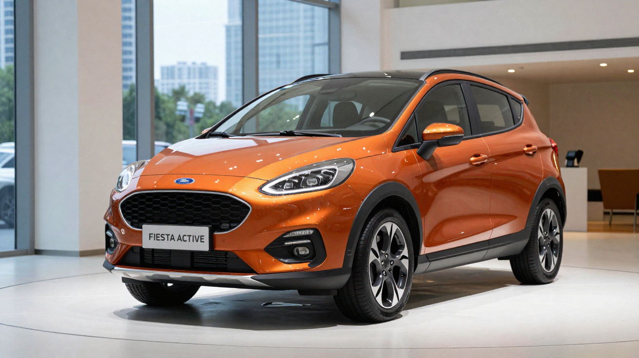 Oranger Ford Fiesta Active SUV auf Präsentationsfläche in hellem, modernem Showroom.