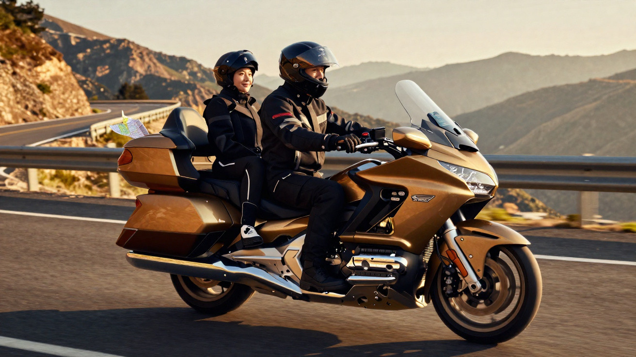 Zwei Personen auf einem goldfarbenen Motorrad fahren auf einer Bergstraße bei Sonnenuntergang.