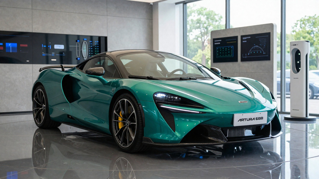Grüner McLaren Artura 688-Sportwagen in einem modernen Showroom mit Panorama-Fenstern und Ladestation