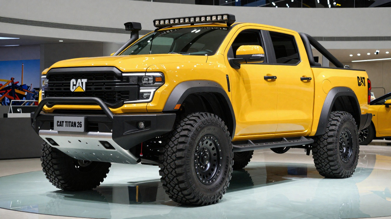 Gelber CAT TITAN 26 Pickup mit All-Terrain-Reifen und Zusatzbeleuchtung bei einer Automesse.