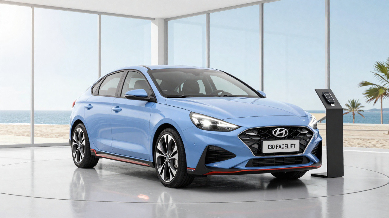 Hyundai i30 Facelift in Hellblau im Showroom mit Meerblick und Ladestation neben dem Fahrzeug.
