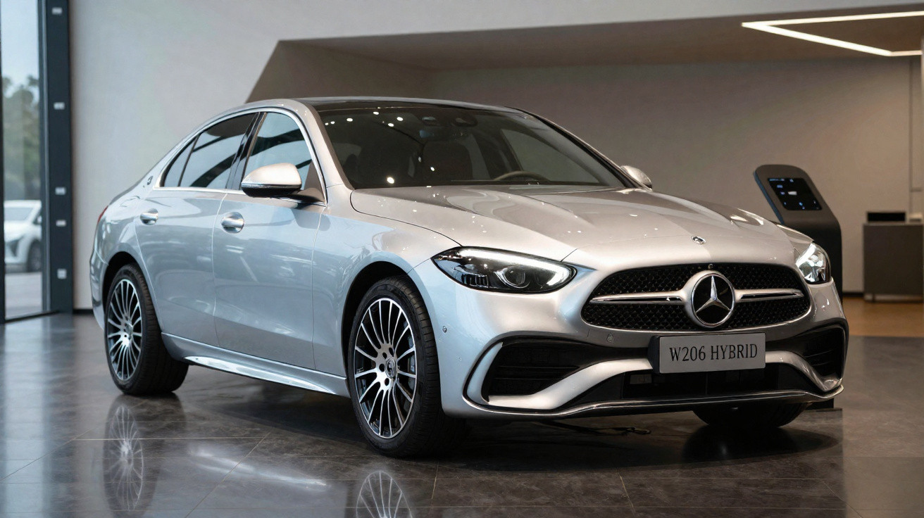 Silberner Mercedes-Benz W206 Hybrid Limousine im Showroom, Front- und Seitenansicht bei Innenbeleuchtung.
