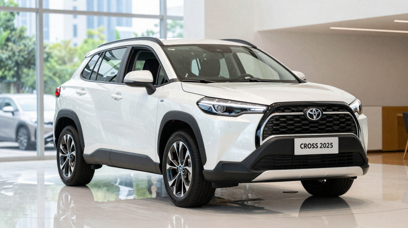 Weißer Toyota Cross 2025 SUV im Showroom mit modernem Design und schwarzem Kühlergrill.
