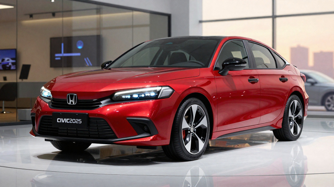 Roter Honda Civic 2025 mit LED-Scheinwerfern in moderner Ausstellungshalle, Front- und Seitenansicht.
