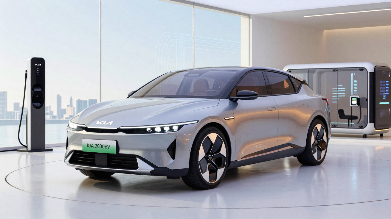 Silberner Kia Elektroauto in modernem Showroom neben Ladestation und futuristischer Phonebooth.