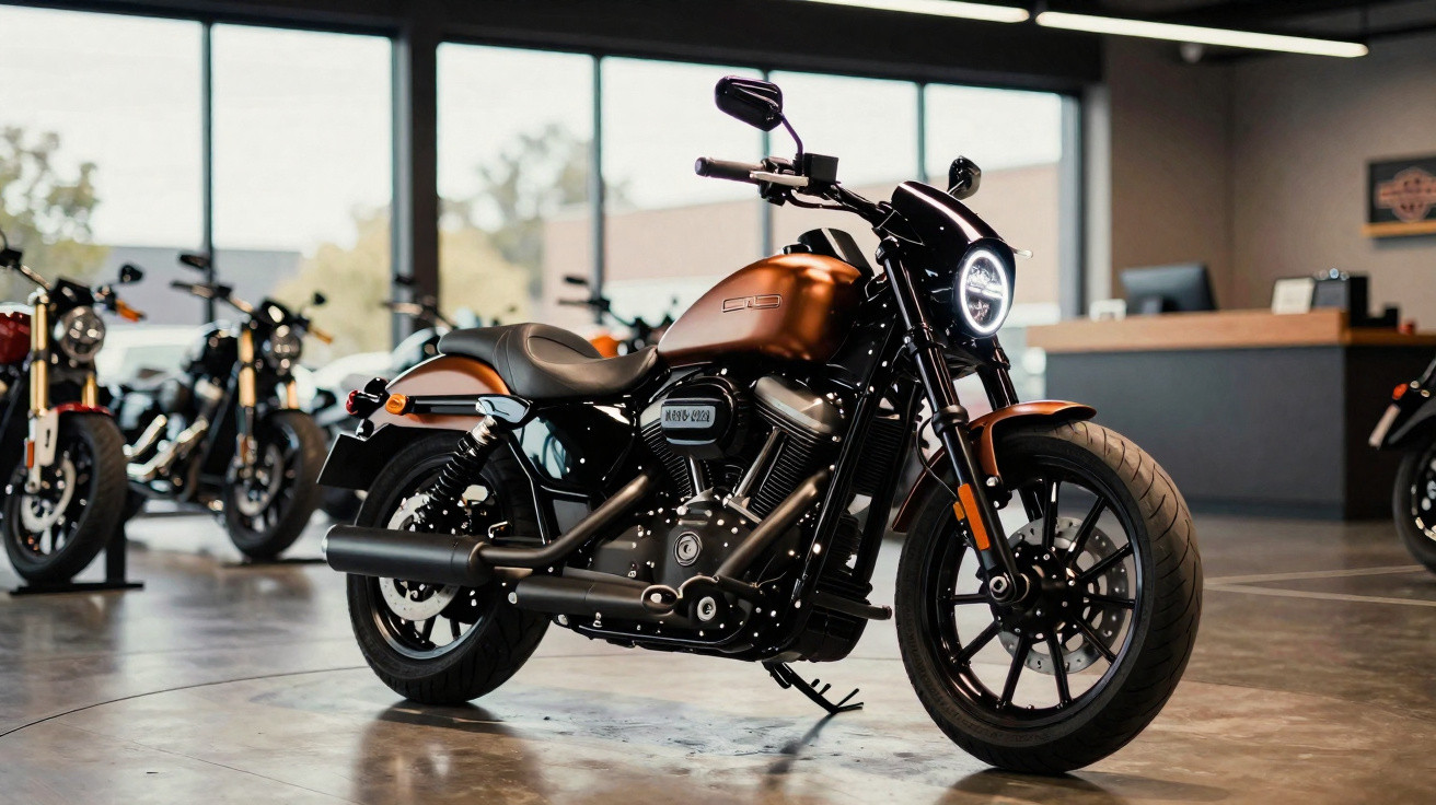 Modernes braunes Harley-Davidson-Motorrad in einem hellen Showroom mit großen Fenstern im Hintergrund.