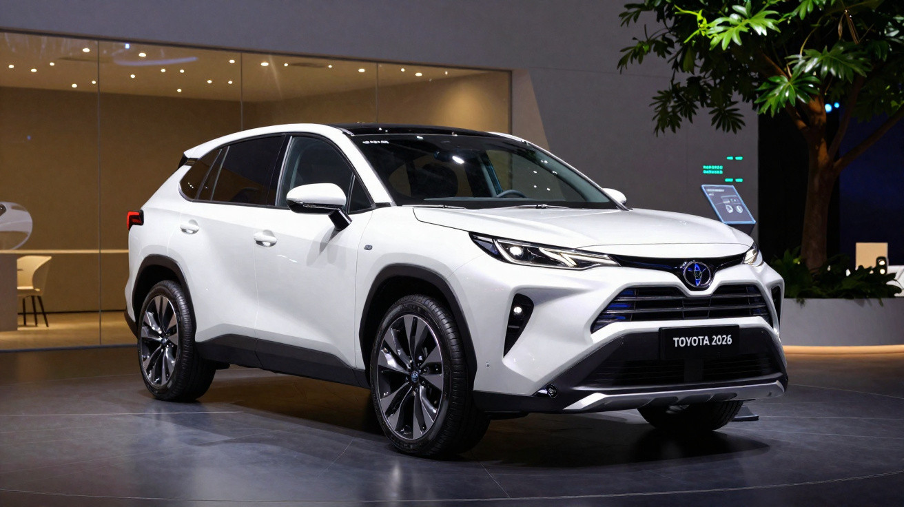 Weißer Toyota SUV 2026 Modell, präsentiert in modernem Ausstellungsraum mit LED-Beleuchtung.