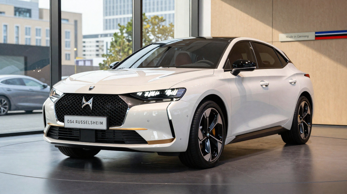 Weißes DS4 Fahrzeug im Showroom mit modernen Frontscheinwerfern und stilvollen Felgen.