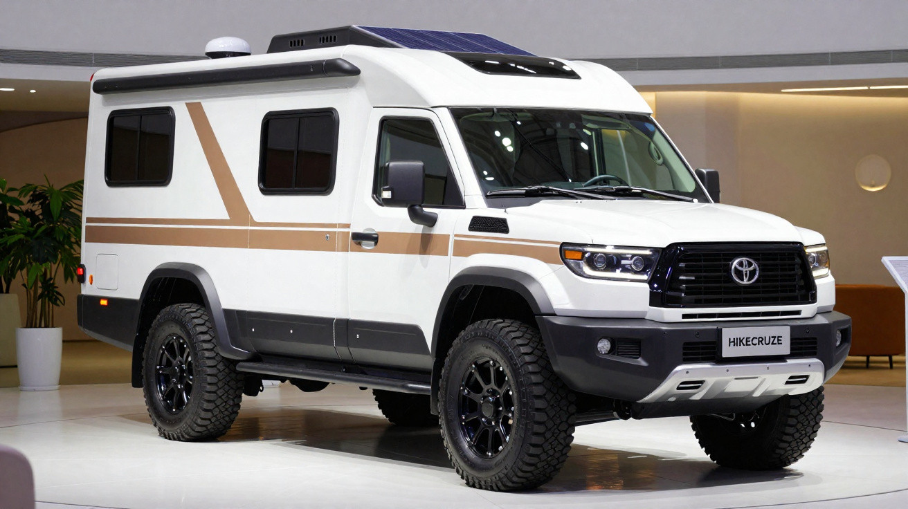 Weißer Toyota Hikecruze Offroad-Camper mit robusten Reifen und Solarpanel auf dem Dach in Halle.