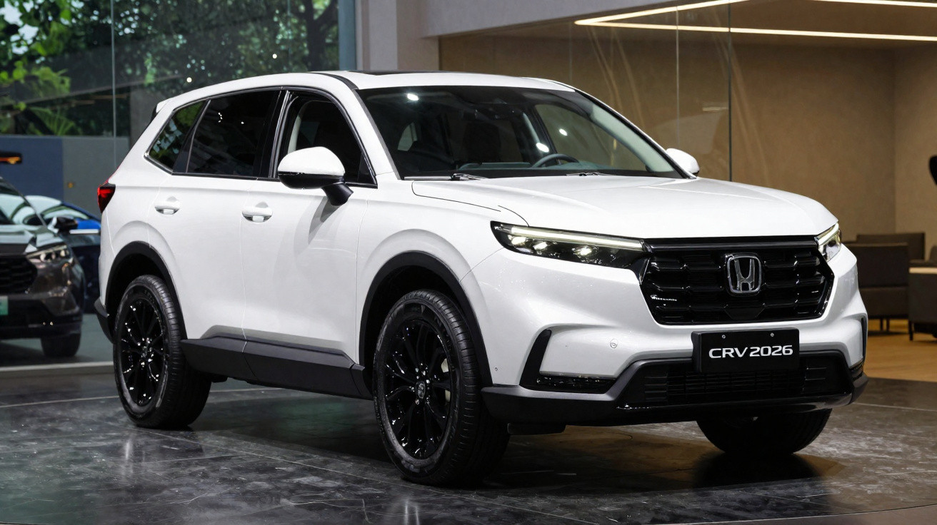 Weißer Honda CR-V 2026 SUV mit schwarzen Felgen in modernem Showroom.