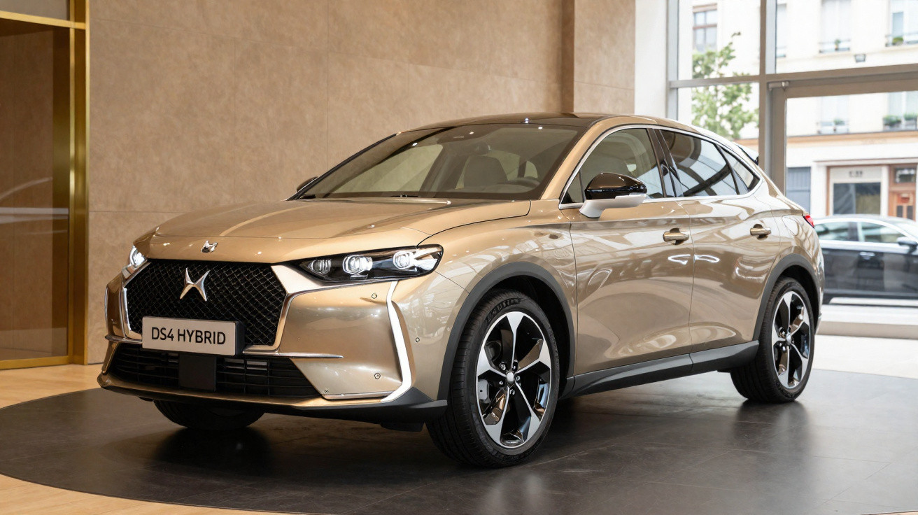Beiger DS4 Hybrid SUV im Showroom mit großen Fenstern und Stadtblick im Hintergrund.