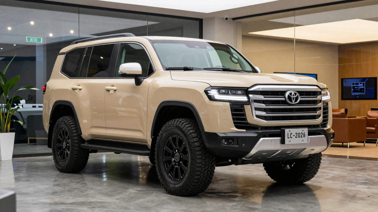 Beiger Toyota Land Cruiser SUV mit schwarzen Offroad-Reifen in modernem Innenraum ausgestellt.