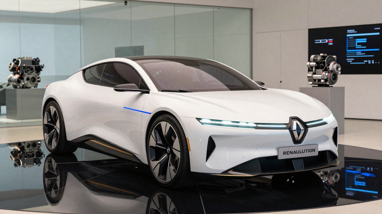 Weißes Renault-Konzeptfahrzeug mit LED-Scheinwerfern auf spiegelndem Ausstellungsboden in moderner Galerie.