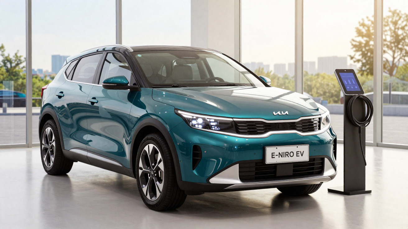 Blauer Kia E-Niro Elektro-SUV im Showroom neben Ladestation vor großen Fenstern mit Stadtblick.