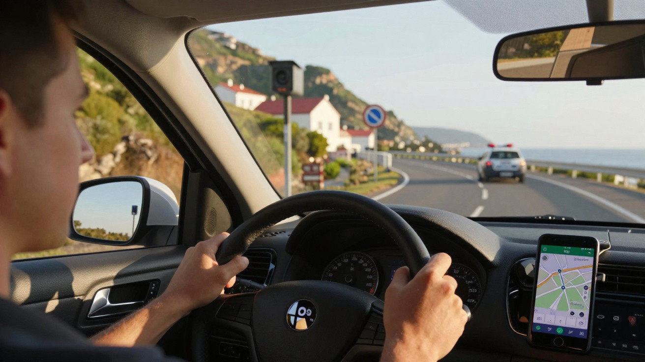 Fahrer lenkt Auto auf Küstenstraße, Navigations-App am Armaturenbrett, sonniges Wetter, Hügel und Häuser im Hintergrund.