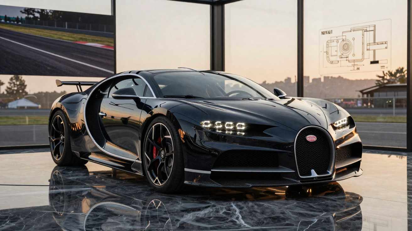 Schwarzer Bugatti Chiron vor großen Fenstern in einem modernen Ausstellungsraum bei Dämmerung.