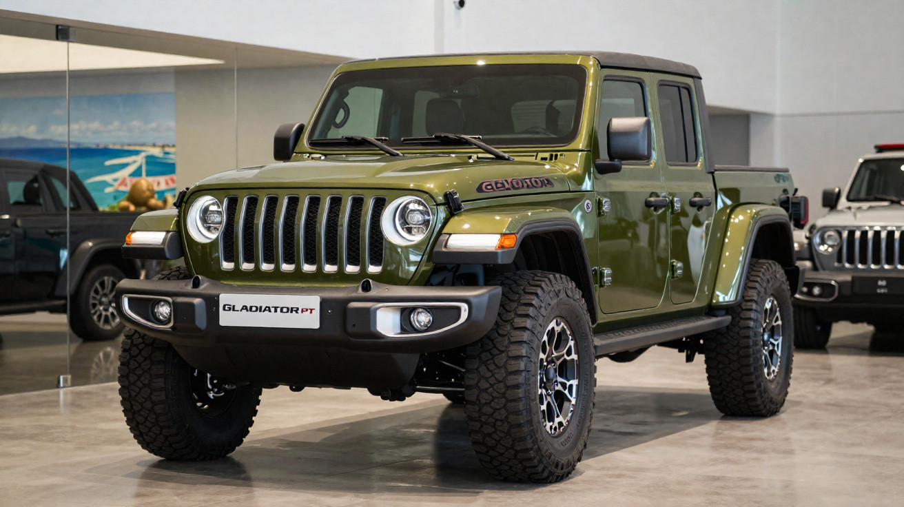 Olivegrüner Jeep Gladiator Pickup mit Offroad-Reifen in einem Autohaus, Seitenansicht.