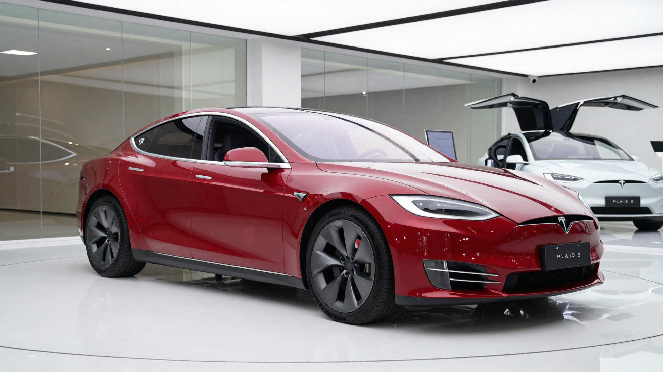 Roter Tesla Model S Plaid S auf weißem Ausstellungsboden mit weißem Tesla Model X im Hintergrund.