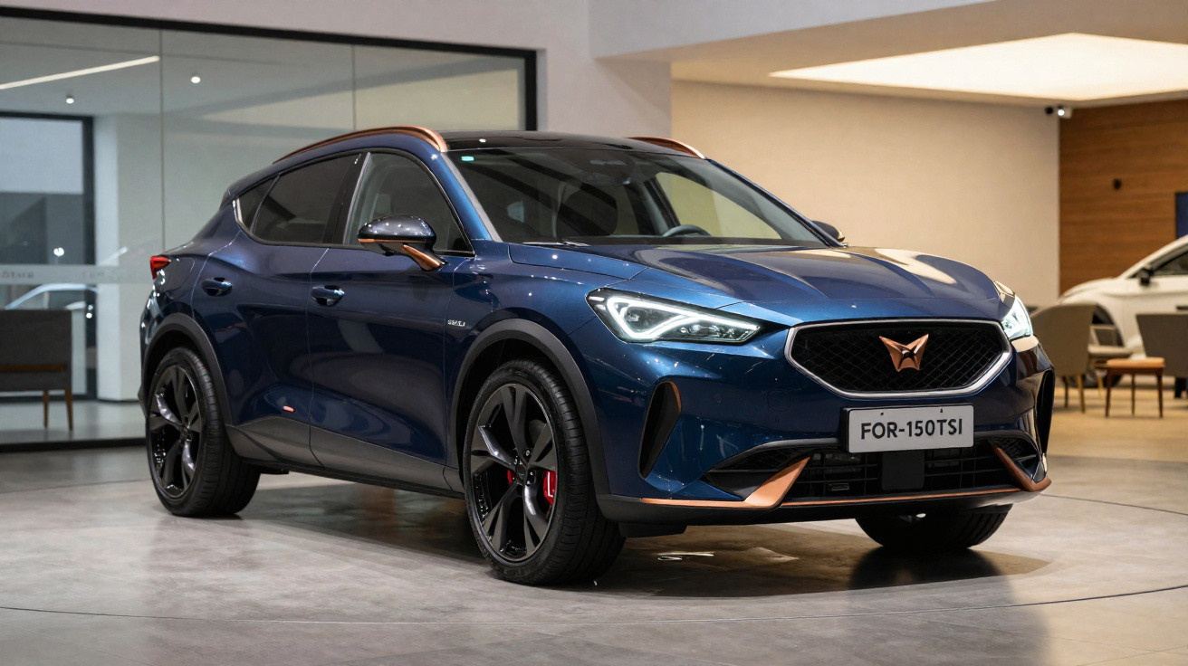 Blauer Cupra Formentor SUV mit schwarzen Felgen und bronzefarbenen Akzenten in einem modernen Showroom.