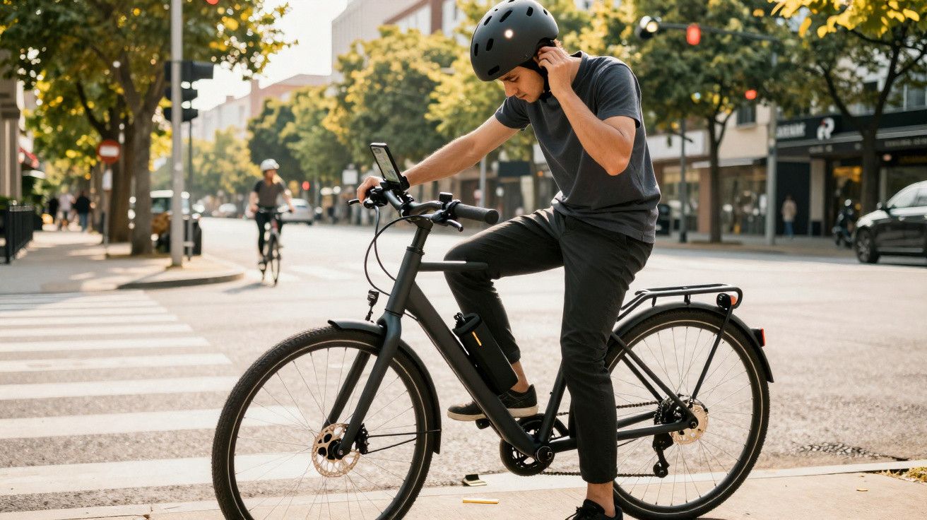 Mann mit Helm hält an Kreuzung an, schaut auf Fahrradcomputer und berührt Ohr in urbaner Umgebung.