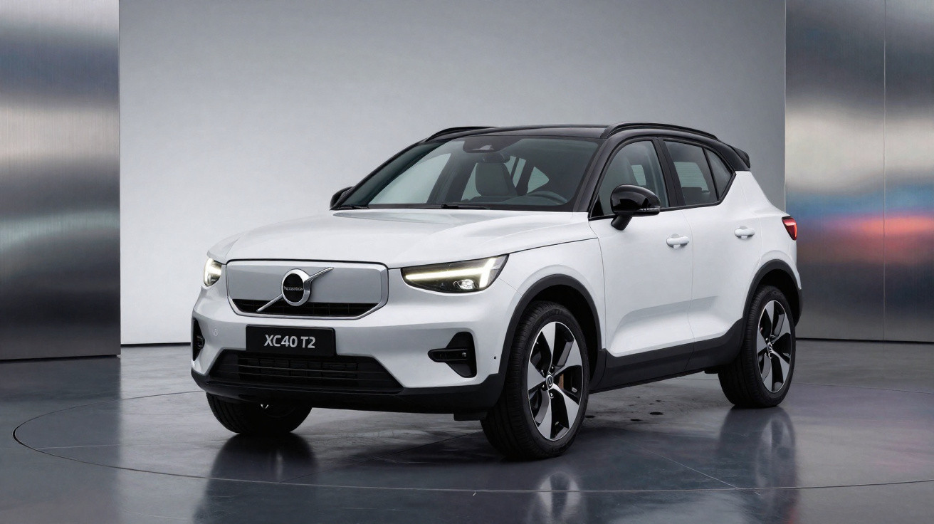 Weißer Volvo XC40 T2 SUV mit schwarzem Dach in minimalistischer Studioumgebung, Frontansicht.