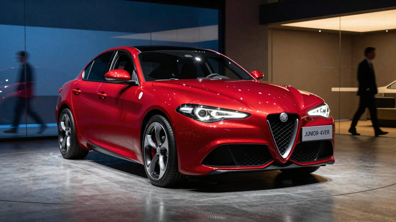 Roter Alfa Romeo Sportwagen, Modell Junior-4ver, in moderner Ausstellungshalle mit reflektierendem Boden.