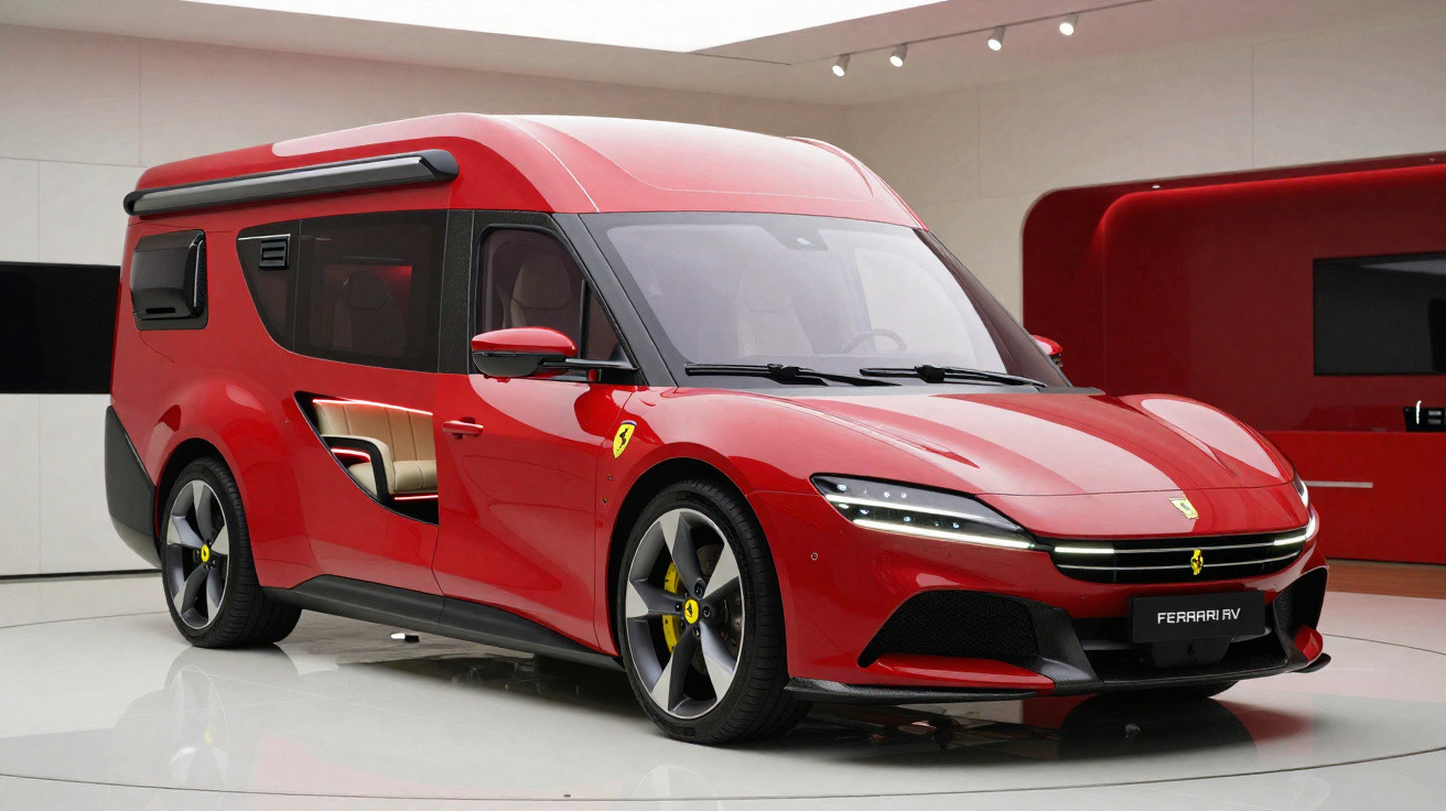 Roter Ferrari-Luxus-Camper mit Aerodynamik, modernen LED-Scheinwerfern und luxuriösem Innenraum im Ausstellungsraum.