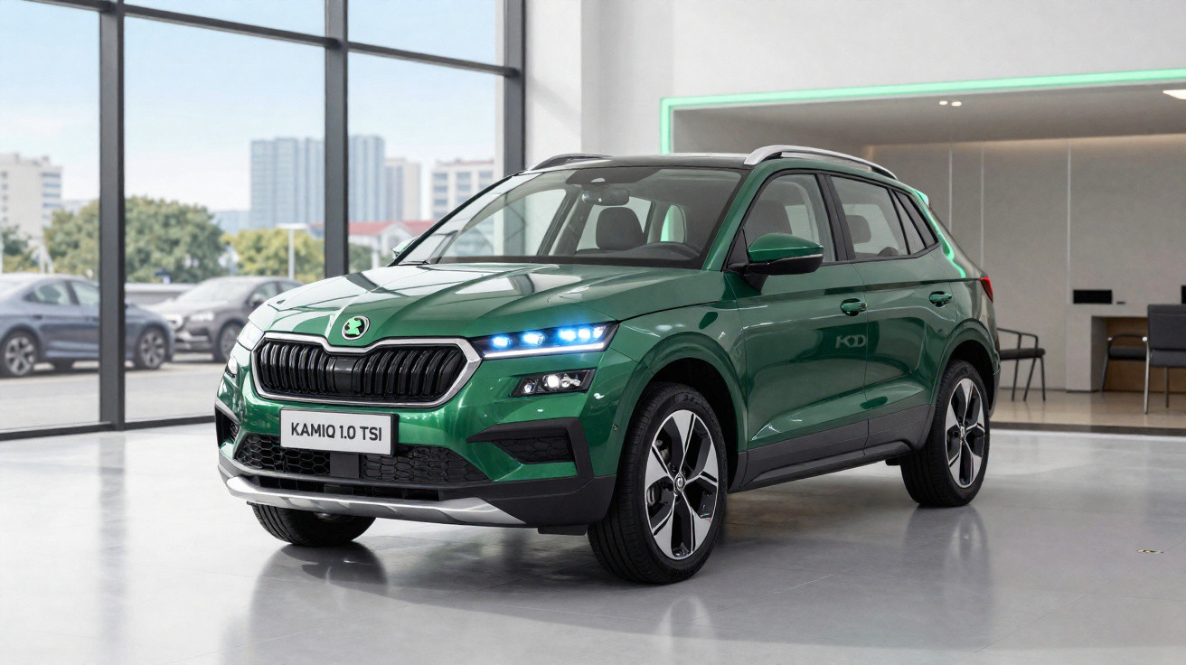 Grüner Skoda Kamiq 1.0 TSI SUV im modernen Ausstellungsraum mit großen Fenstern.