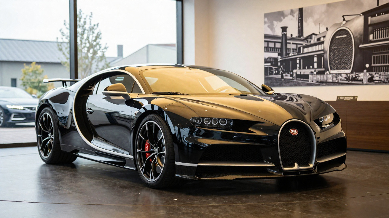 Schwarzer Bugatti Chiron Sport Luxussportwagen in einem modernen Showroom mit großem Fenster und Industrie-Gemälde.