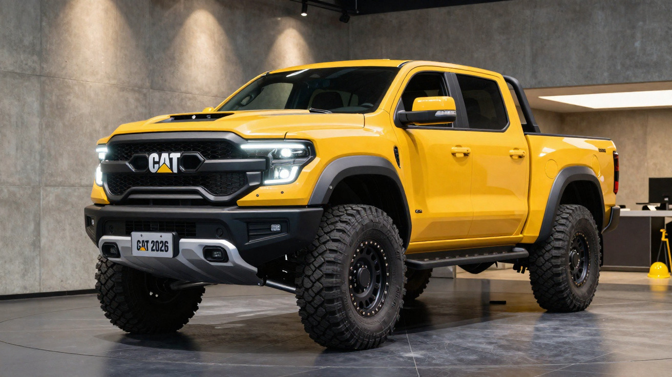 Gelber Caterpillar CAT Pickup-Truck mit großen Geländereifen in moderner Ausstellungshalle.