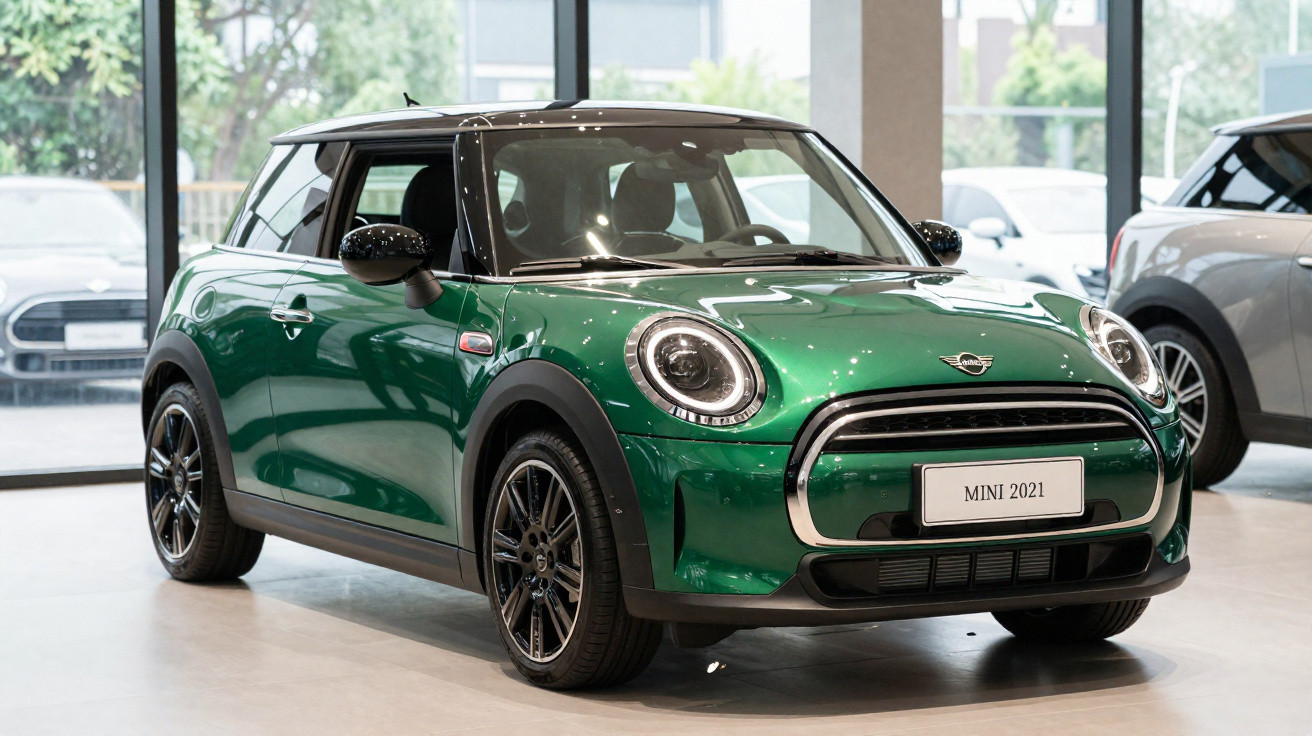 Grüner Mini Cooper 2021 mit schwarzem Dach in einem hellen Autohaus stehend.
