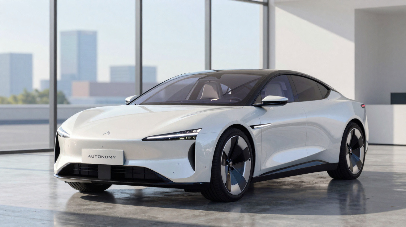 Weißes, futuristisches Elektroauto mit glattem Design in einem modernen Showroom mit großen Fenstern.