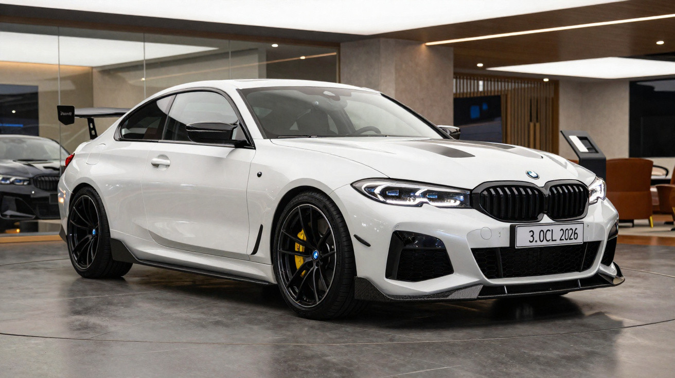 Weißer BMW Sportwagen mit schwarzem Frontgrill und großem Heckflügel in modernem Showroom.