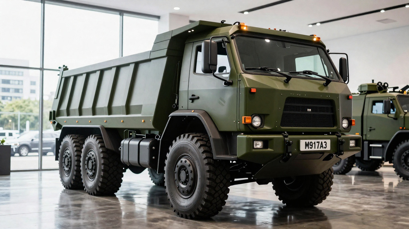 Grüner militärischer Muldenkipper mit sechs Rädern in moderner Ausstellungshalle bei Tageslicht.
