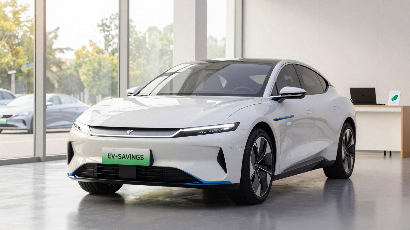 Weißes Elektroauto mit grünem "EV-SAVINGS" Nummernschild in modernem Showroom.