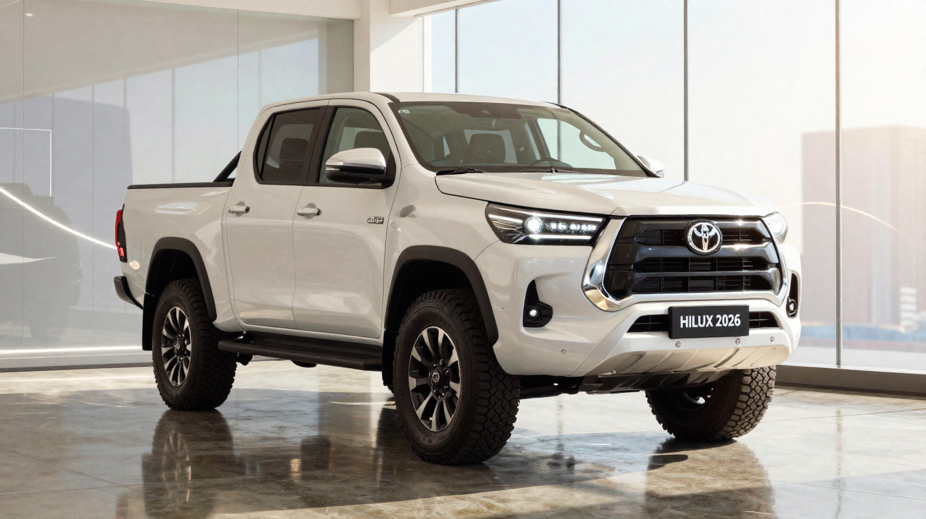 Weißer Toyota Hilux 2026 Pickup im Showroom mit modernem Design und LED-Scheinwerfern.
