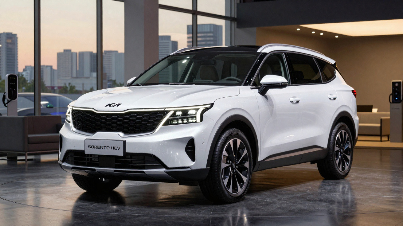 Weißer Kia Sorento HEV SUV im modernen Showroom mit großen Fenstern und Stadtblick im Hintergrund.