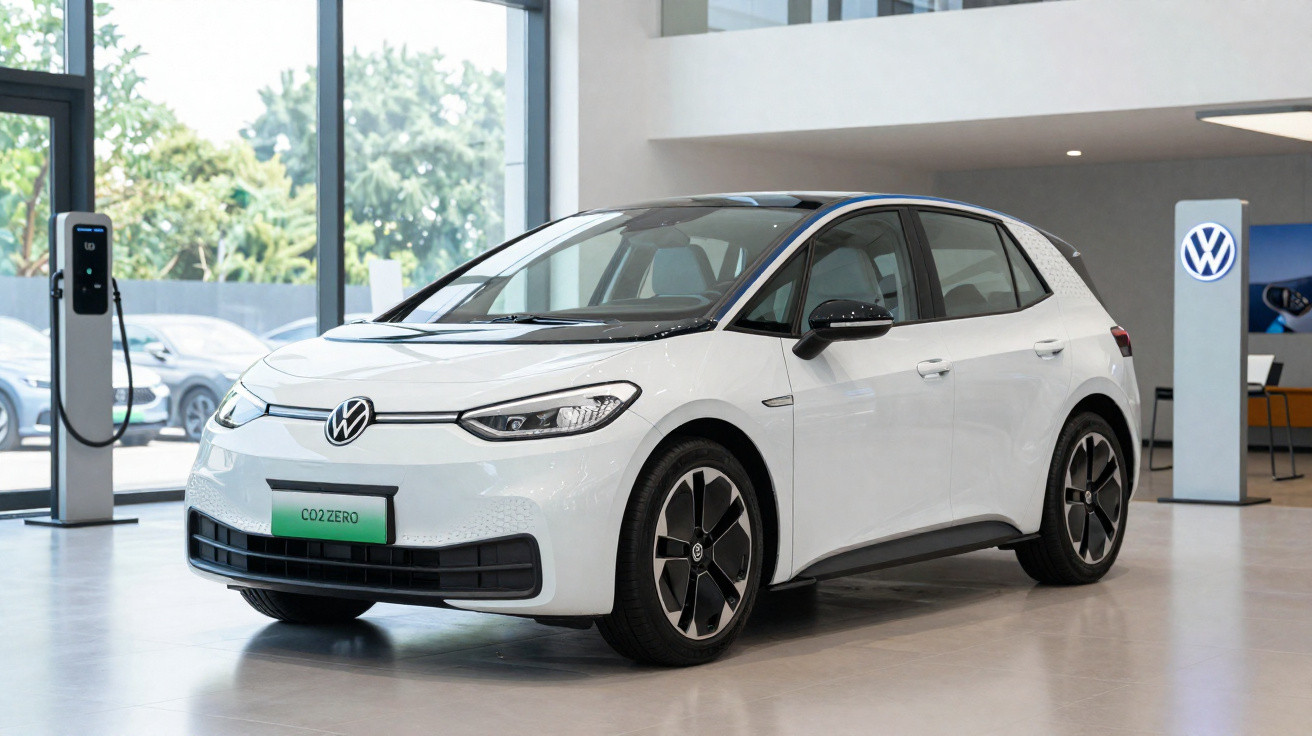 Weißer Volkswagen ID.3 Elektroauto steht in einem modernen Showroom neben Ladestation.