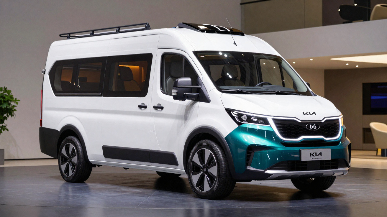Weißer Kia Elektro-Van mit modernem Design, Dachgepäckträger und blaugrüner Frontpartie auf Ausstellungsfläche.