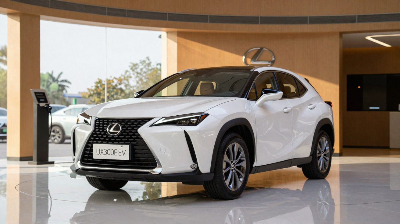 Weißer Lexus UX 300E EV Elektro-SUV in modernem Showroom mit großen Glasfenstern.