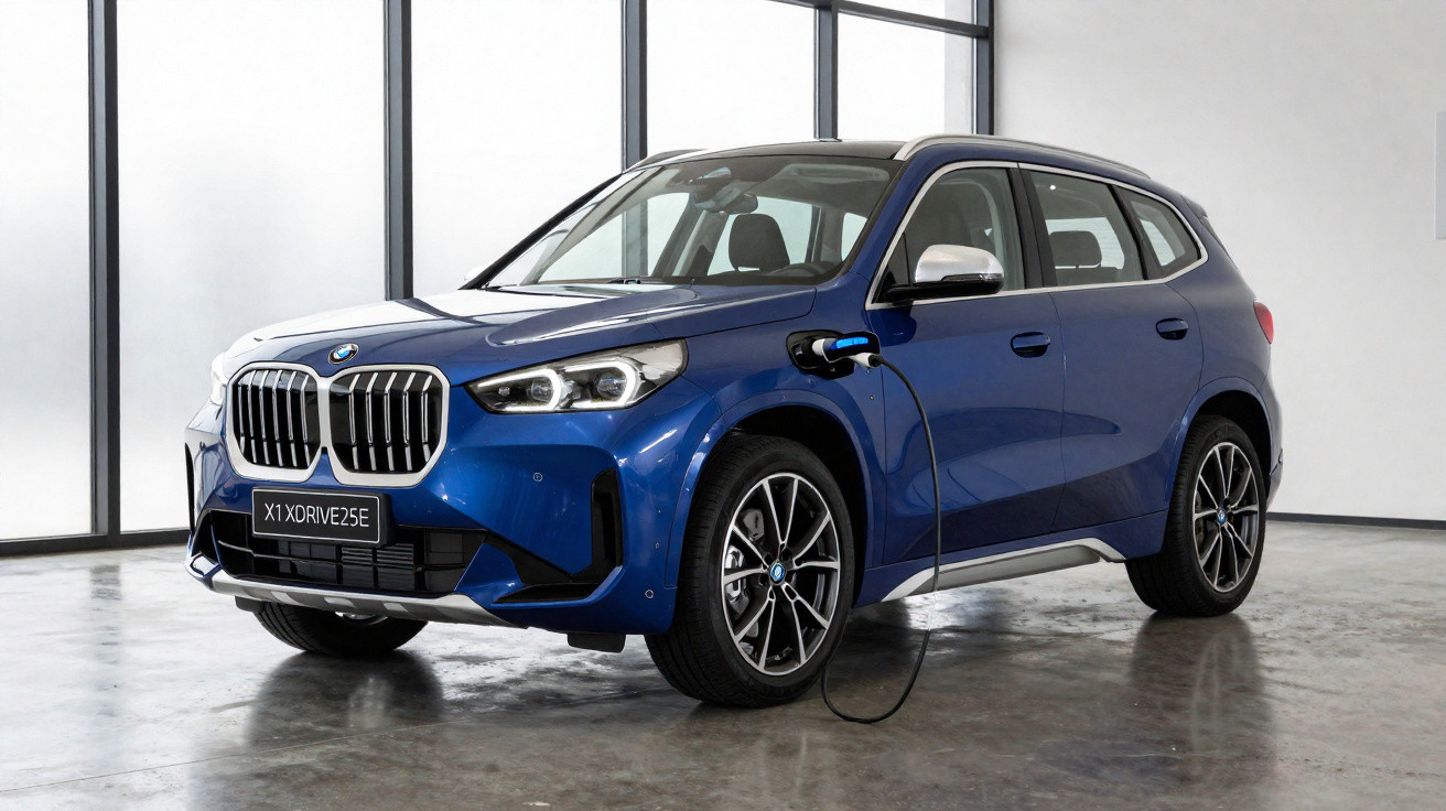 Blauer BMW X1 xDrive25e Elektro-SUV steht in modernem Raum und wird geladen.